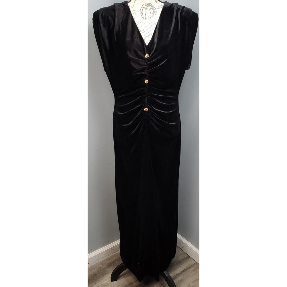 Taylor Bodycon Dress Women 12 Black Velvet Gold Button Front V-Neck Formal Party
